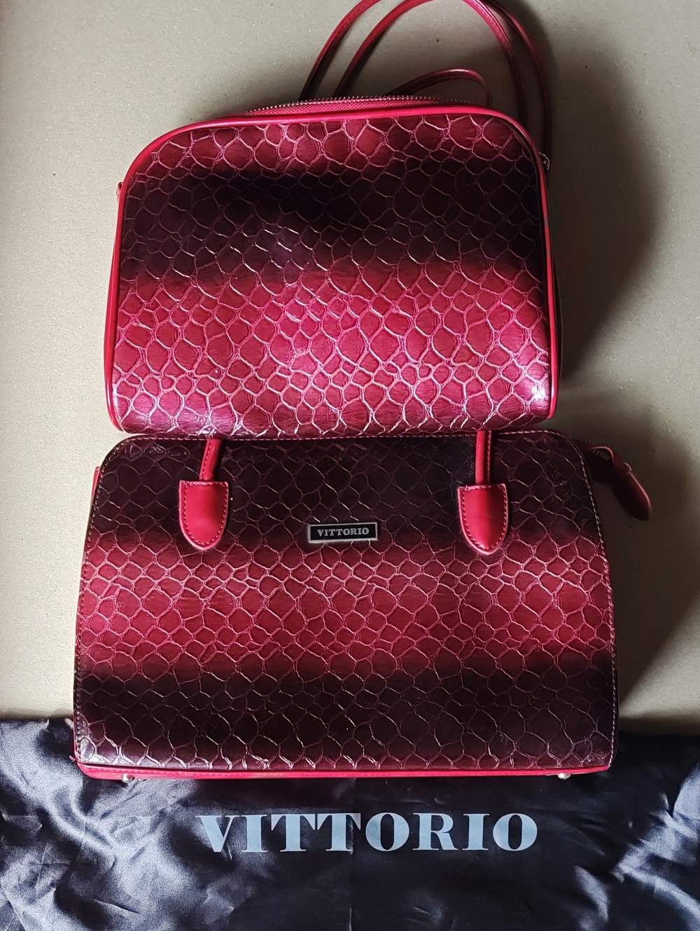 Vittorio Shiny Red Faux Crocodile Embossed Patent Tote